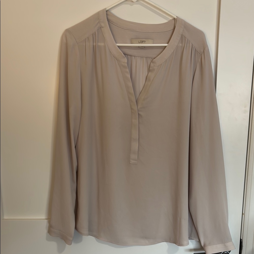 LOFT Cream Blouse with Mandarin Collar and Relaxed Fit
